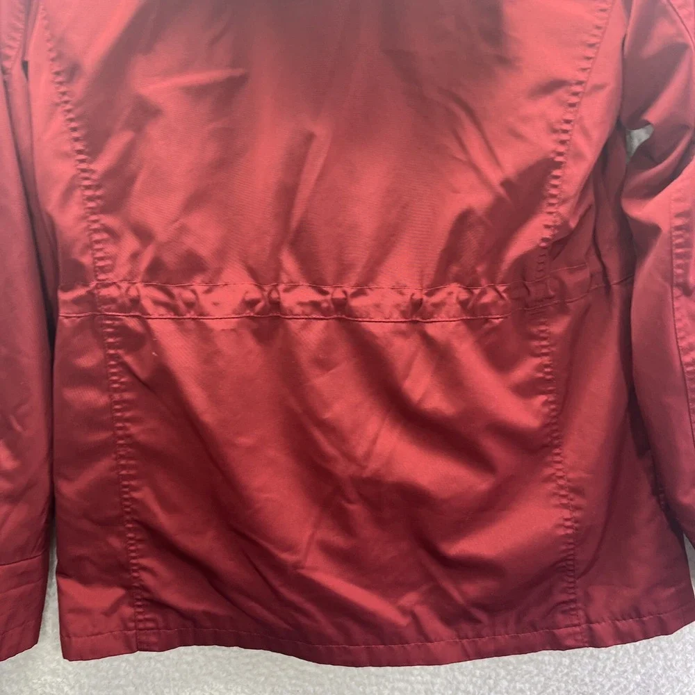 St Johns Bay Jacket Womens Small Red Pockets Full Zip Button Hooded Chore Preppy